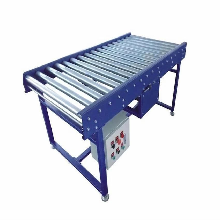 Plastic Bag Making Machine Mild Steel Motorized Roller Conveyor, Roller Diameter: 51mm