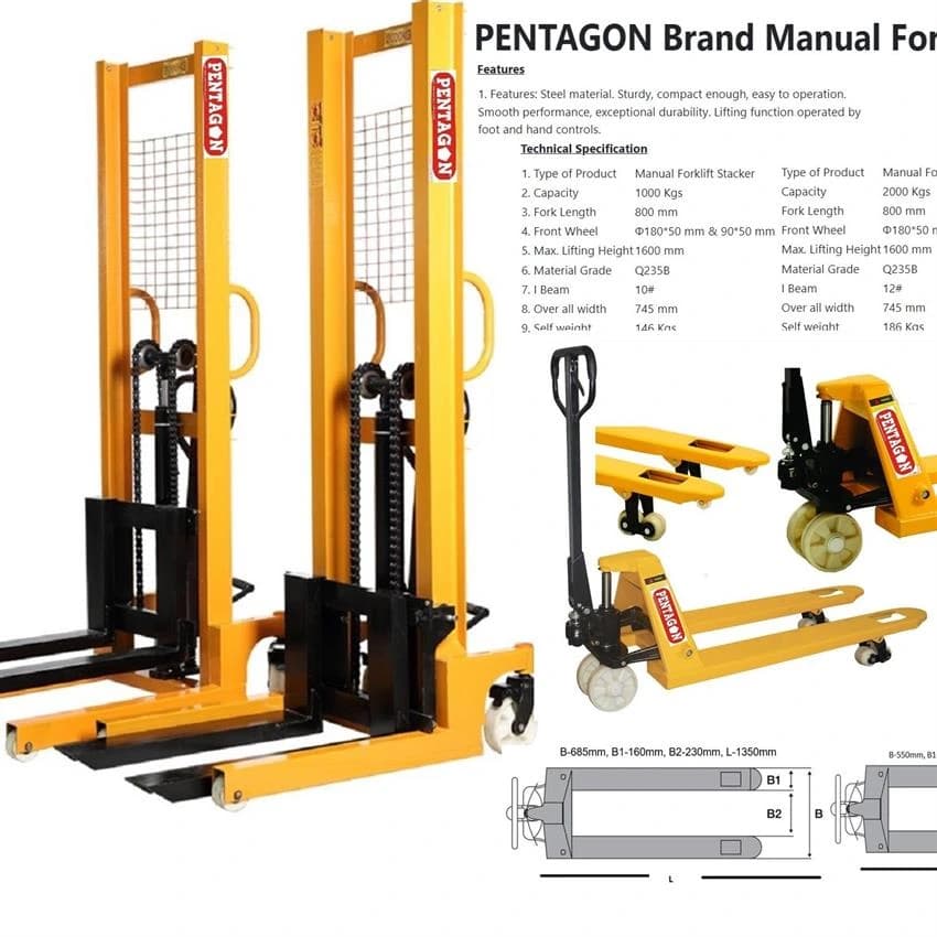 PENTAGON Brand Manual Forklift Stacker model PT01 with max lifting capacity 1000 Kgs and lifting height 1600 mm