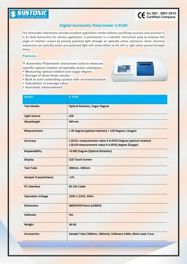 Automatic Microprocessor Touch Screen Polarimeter S-9190, 589nm