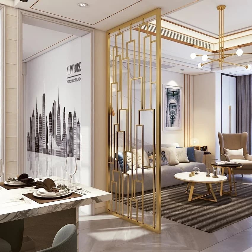 Golden Stainless Steel Living Room Partition, 5 Panels, Color Coated