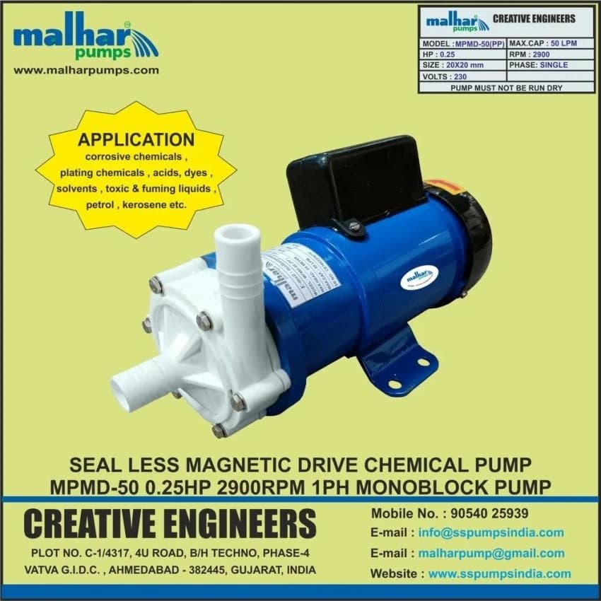 0.25 Polypropylene Seal Less Pump, 50LPM, Model Name/Number: MPMD-50