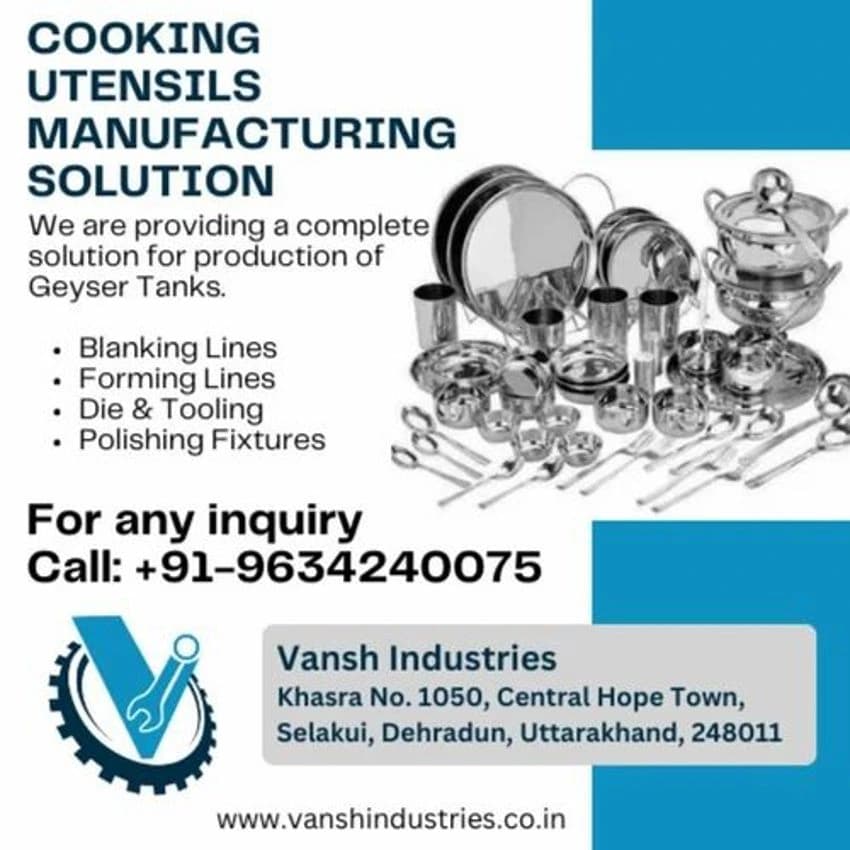 Stainless Steel Cooking Utensils Manufacturing Solution, Capacity: 5 Litre