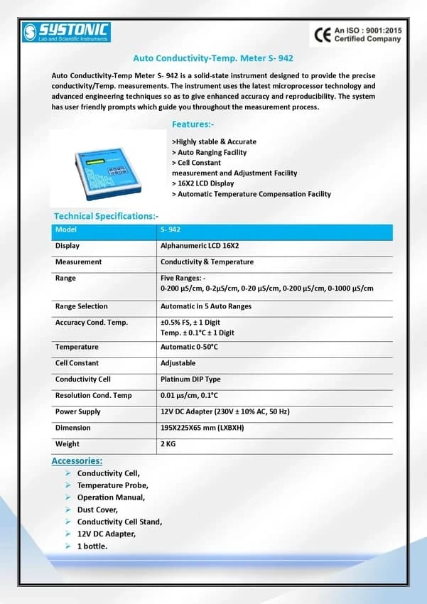 Table top Systonic Auto Conductivity-Temp Meter