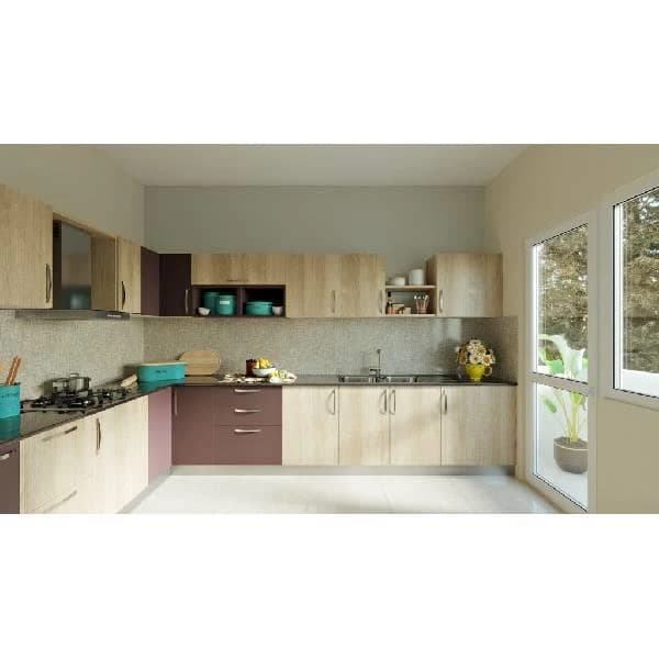L Shaped Irish Walnut And Plum Shade Modular Kitchen Kitchen