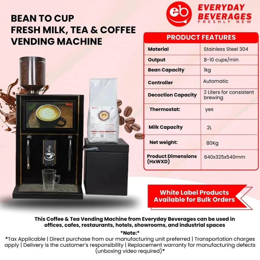 Fresh Bean To Cup Cappuccino Coffee Vending Machine (Fresh Milk, 8 Options, 1400W) - 100 Cups/Day