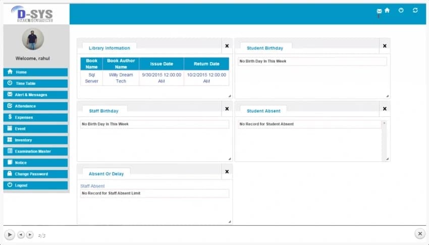 Dashboard of School Management System Software