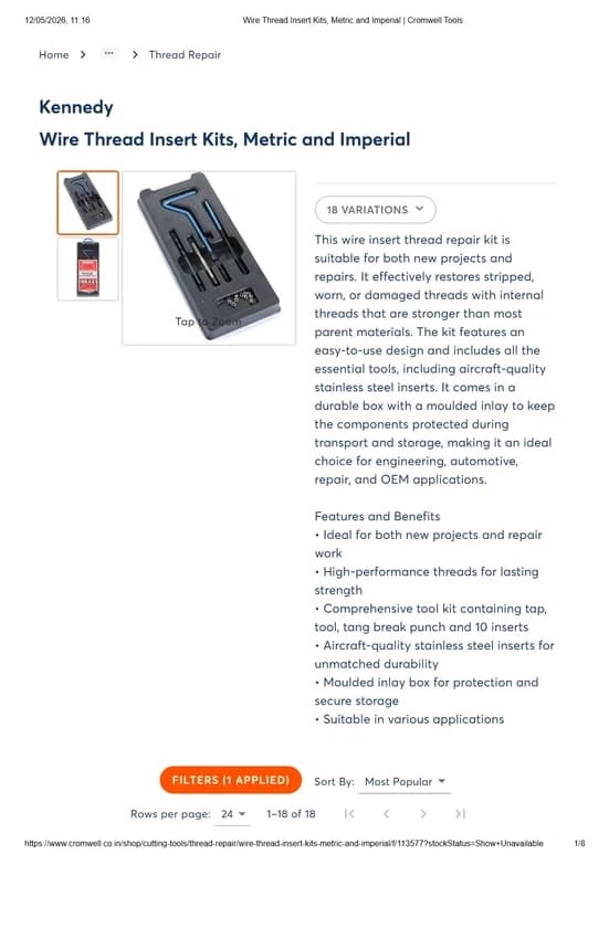 Kennedy Wire Thread Insert Kits, Metric and Imperial