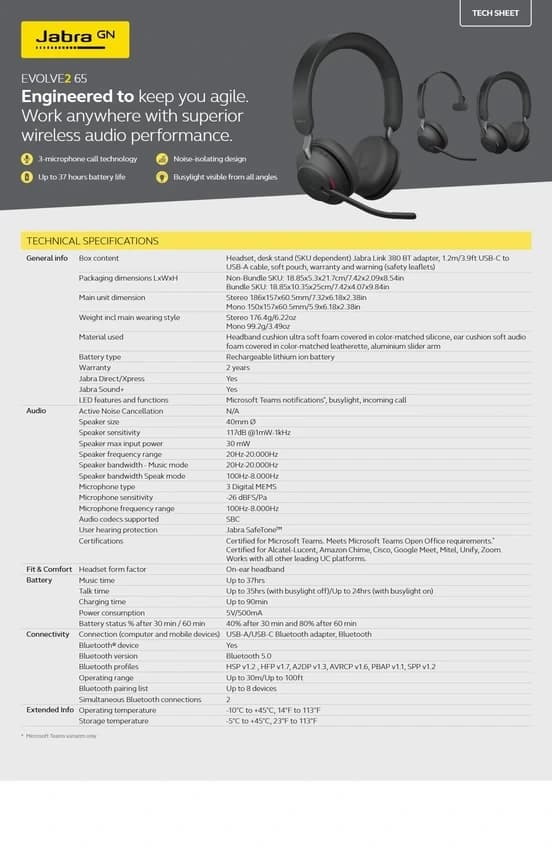 Jabra Evolve2 65 USB-A MS/UC Stereo Wireless Headphone Black