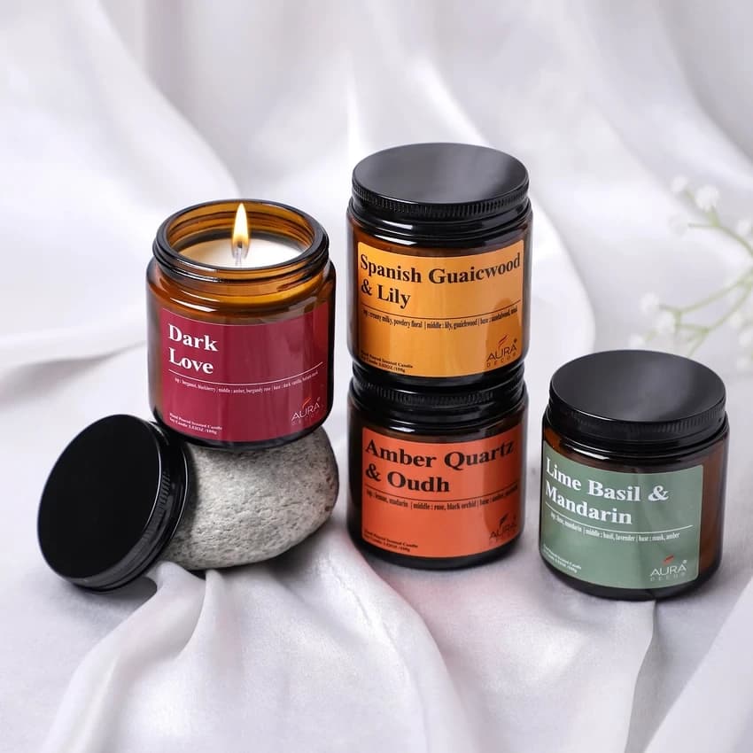 AuraDecor Premium Amber Jar Scented Candle Set of 4 Gift Set in 2 Variants