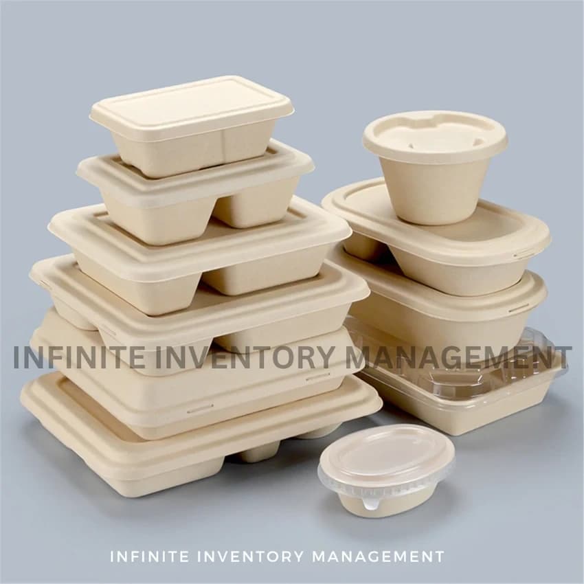 Multiple White Bagasse Food Containers, For takeaway