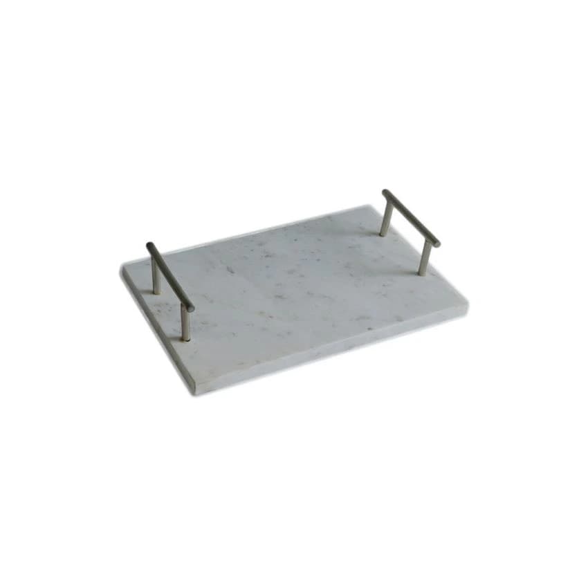 White & Pewter Traditional Marble Tray with Brass Handles for Decoration