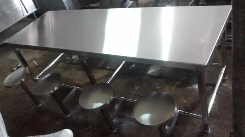 Stainless Steel Ss Dining Table With Folded Stool, 6 Seater