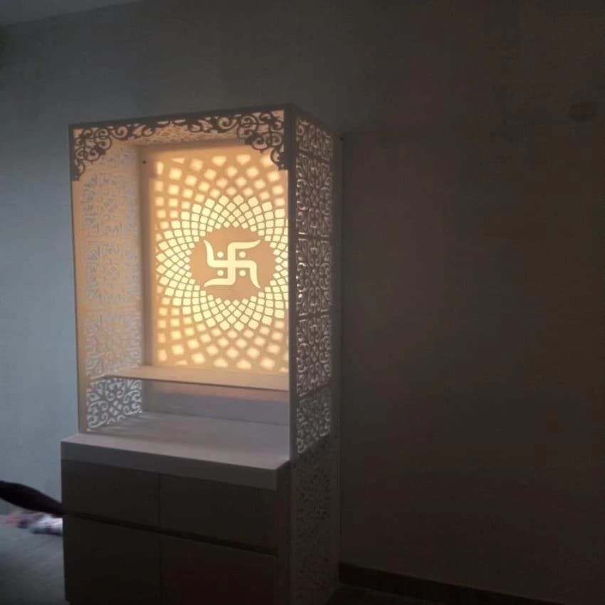 White Acrylic Solid Surface Corian Swastik Mandir, For Praying