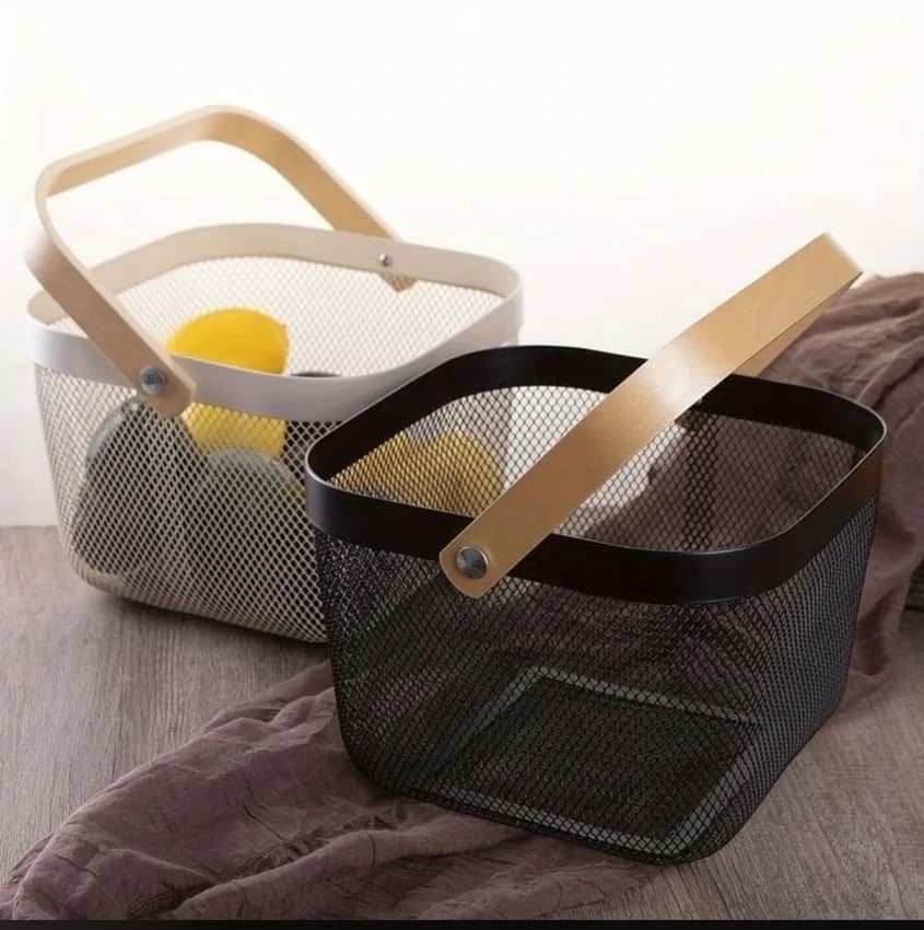 Steel Mesh Storage Basket with Wooden Handle / Metal Mesh Basket for Storage With Wooden Handles