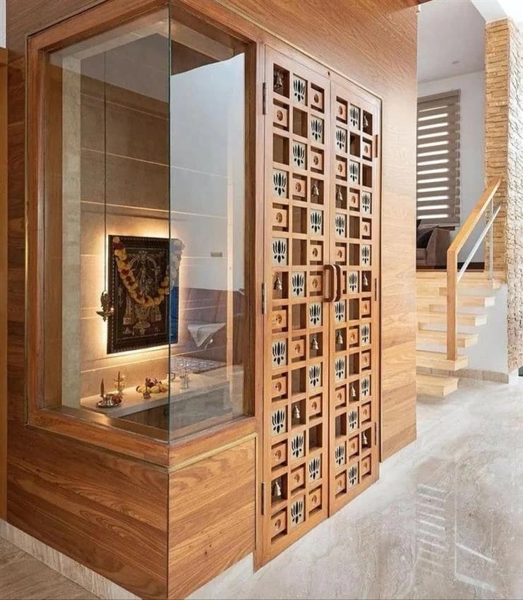 Brown Double Door Wooden Finish Pooja Cabinet