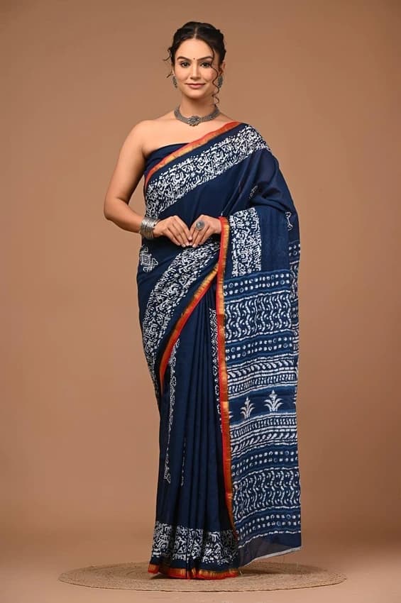 Zari Work Printed cotton sareee, 5.5 m (separate blouse piece)